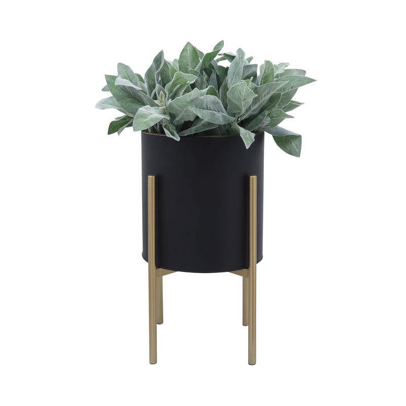 Set of 2 Planters On Metal Stand, Black/Gold