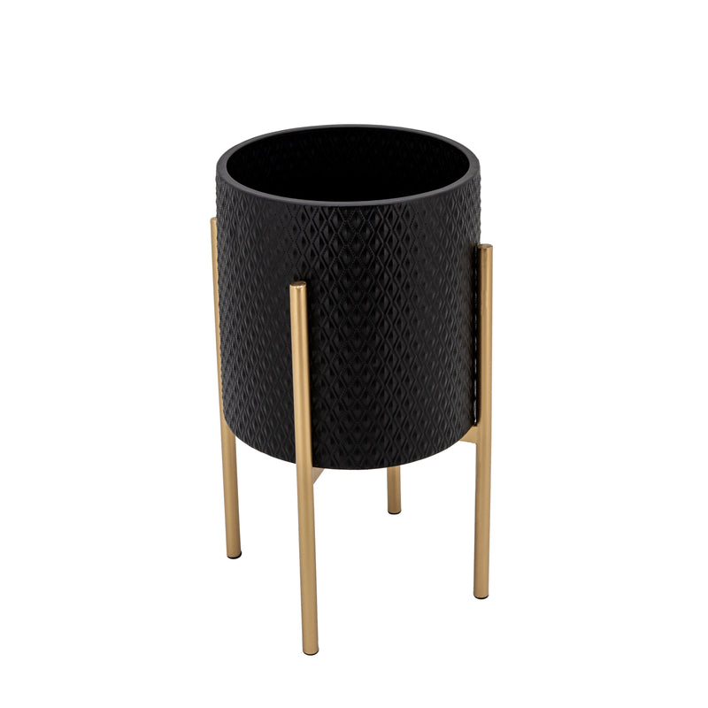 Set of 2 Textured Planter On Stand, Black/Gold