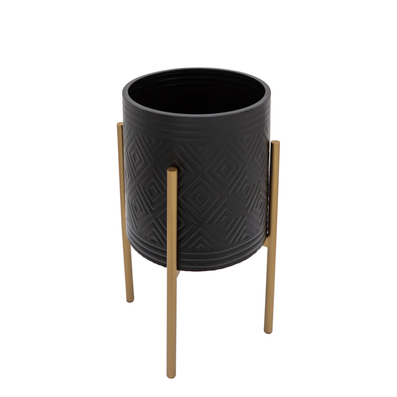 Set of 2 Aztec Planters On Stand, Black/Gold