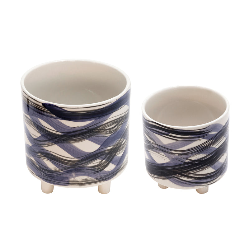 Set of 2 Footed Planters, Abstract Blue, Planters