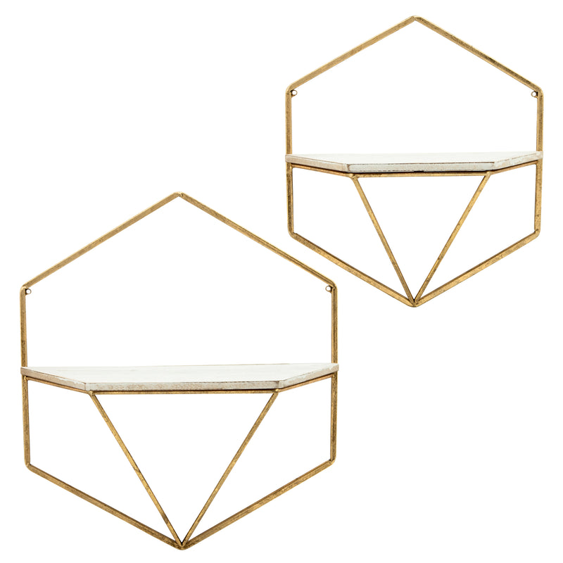 Set of 2 Hexagon Wall Shelves, Gold/White, Wall Storage