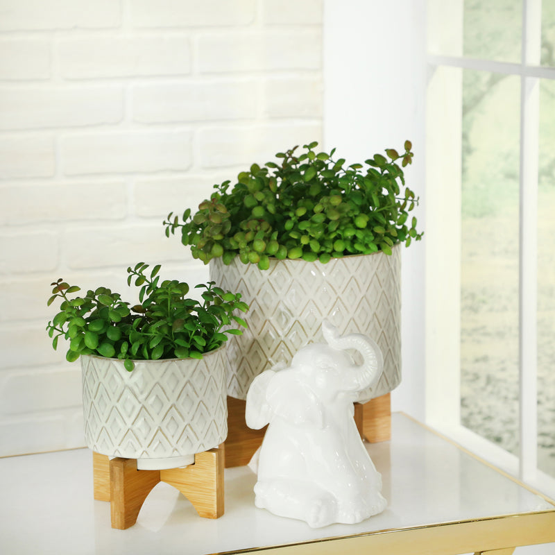 Ceramic 6" Flower Pot with Wooden Stand