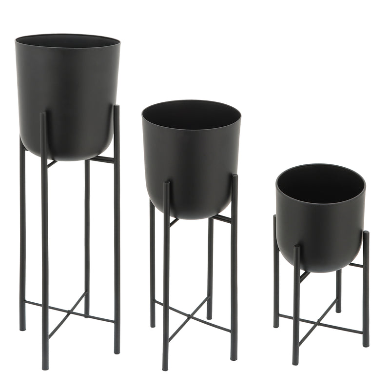 Set of 3 Metal Planters On Stand, Black, Planters