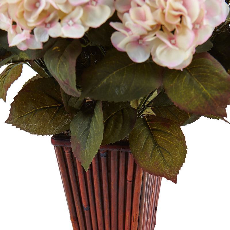 Cream and Pink Hydrangea in Bamboo Planter