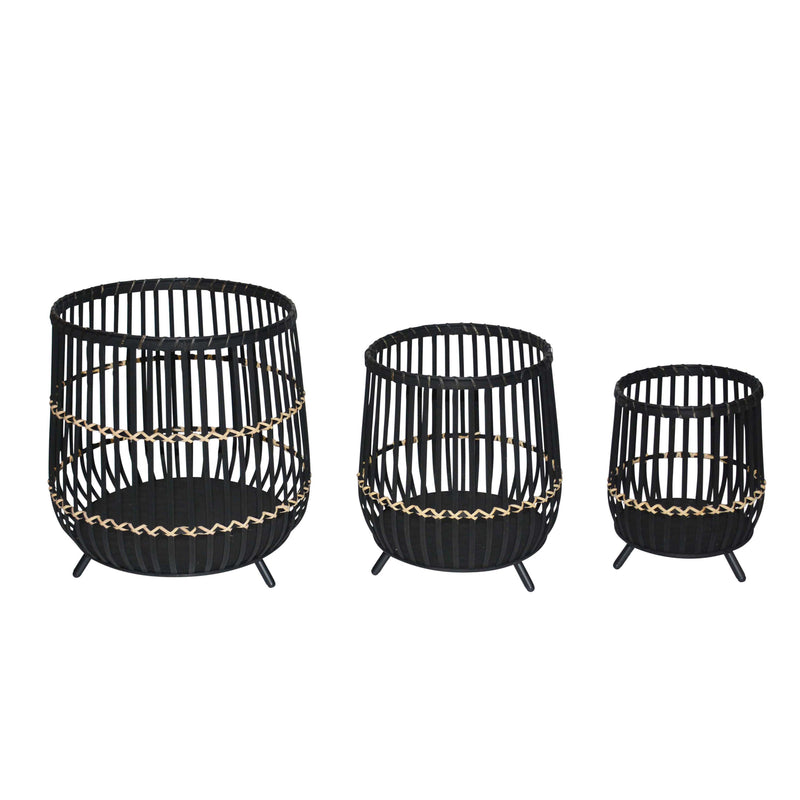Set of 3 Bamboo Footed Planters in Black, Planters