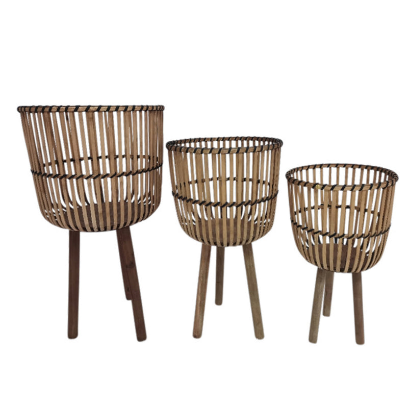 Set of 3 Bamboo Footed Planters, Natural, Planters
