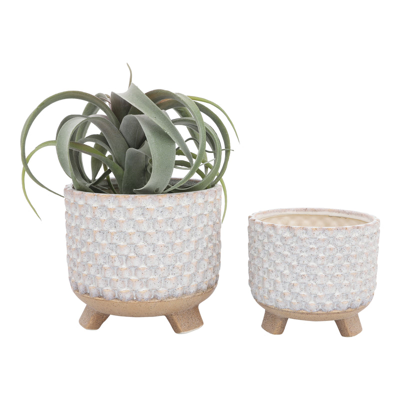 Set of 2 Ceramic Textured Footed Planters, White, Planters