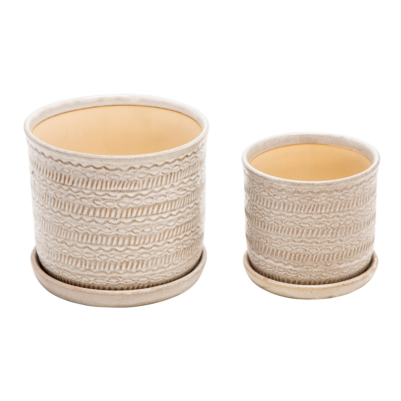 Set of 2 Tribal Planters with Saucer, Beige, Planters