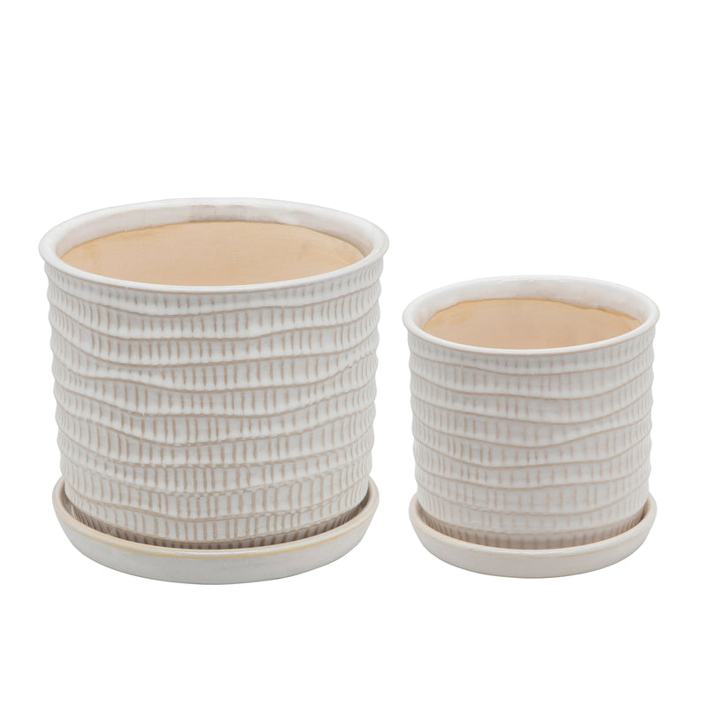 Set of 2 Textured Planter with Saucer, Beige, Planters