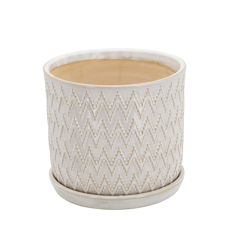 Set of 2 Chevron Planters with Saucer, Beige