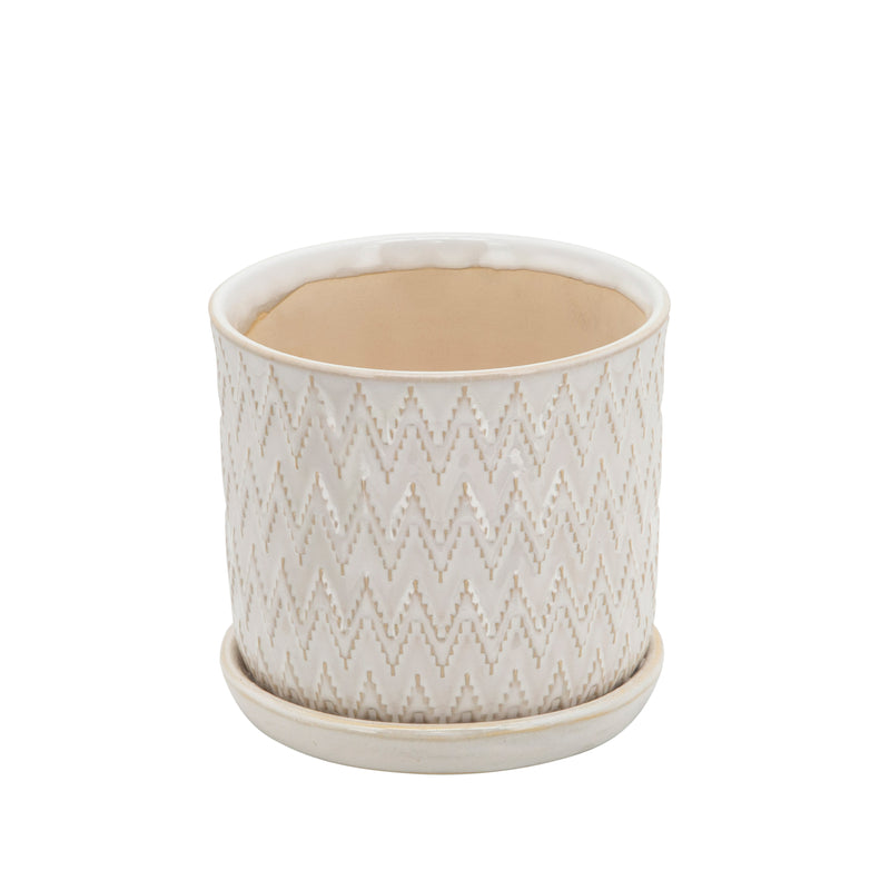 Set of 2 Chevron Planters with Saucer, Beige