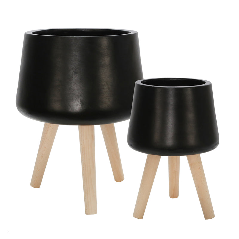 Set of 2 Planters with Wood Legs, Matte Black