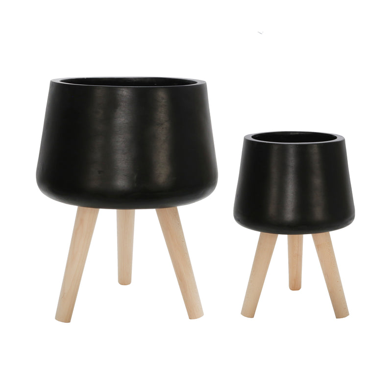 Set of 2 Planters with Wood Legs, Matte Black, Planters