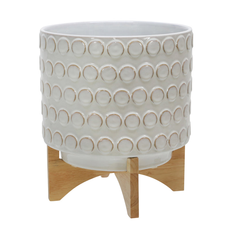 Ceramic 11" Planter On Wooden Stand, Ivory, Planters