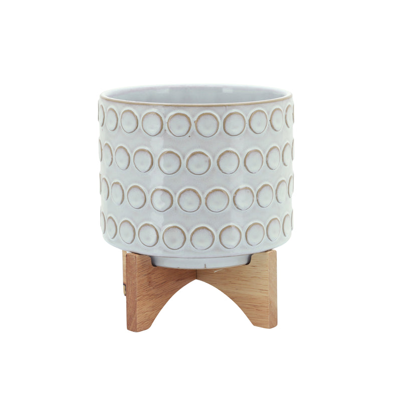 Ceramic 8" Planter On Wooden Stand, Ivory, Planters