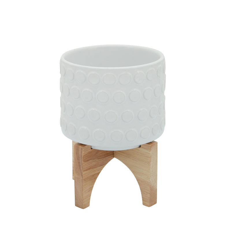 Ceramic 5" Planter On Wooden Stand, White, Planters