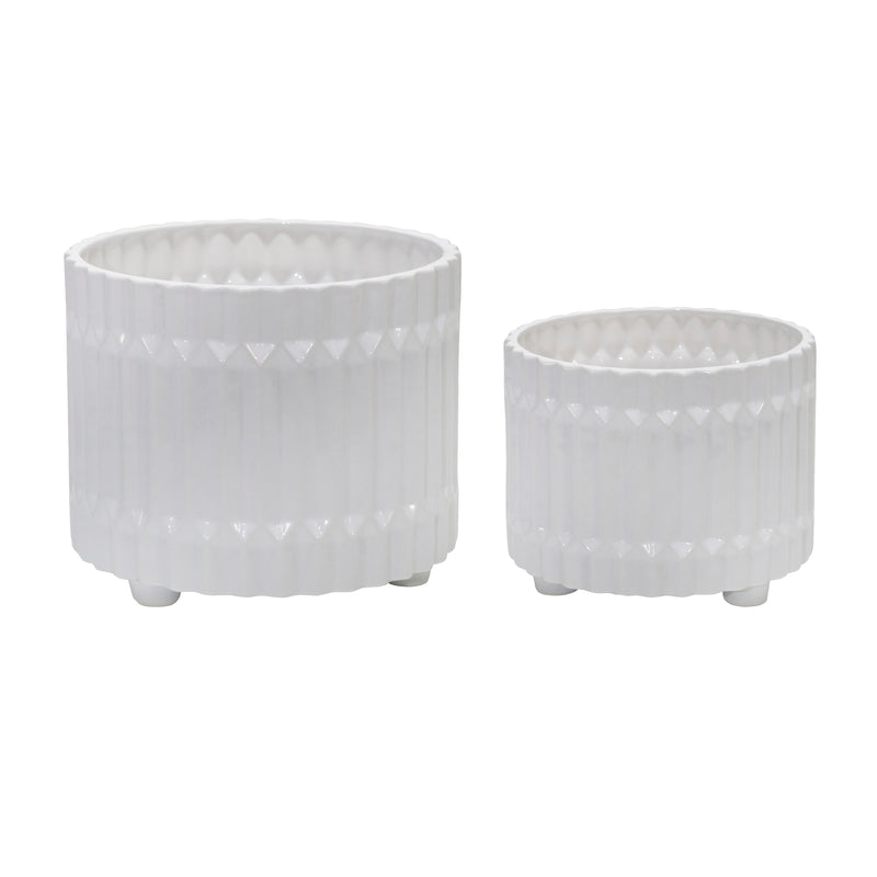 Set of 2 Ceramic Fluted Planters with Feet, White, Planters