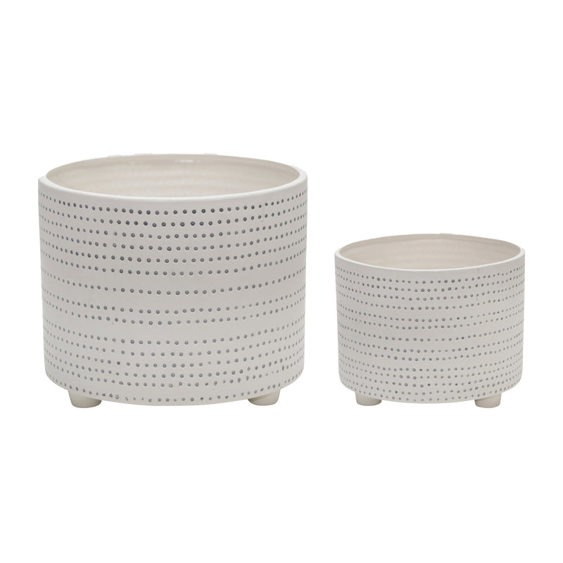 Set of 2 Ceramic Footed Planters with Dots, Ivory, Planters