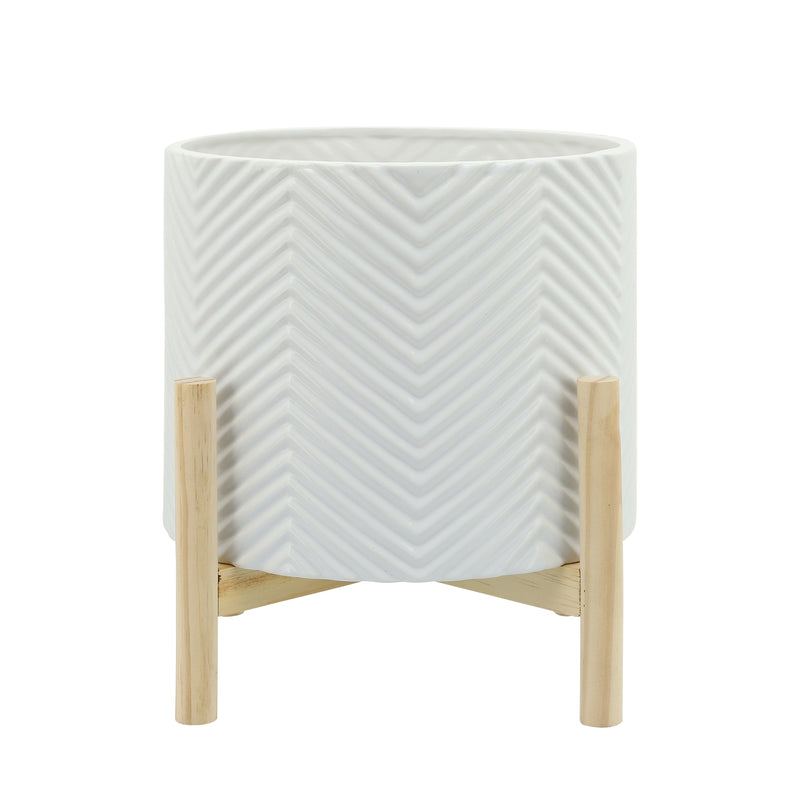 12" Chevron Planter with Wood Stand, White, Planters