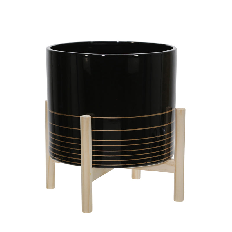 12" Metallic Planter with Wood Stand, Black, Planters