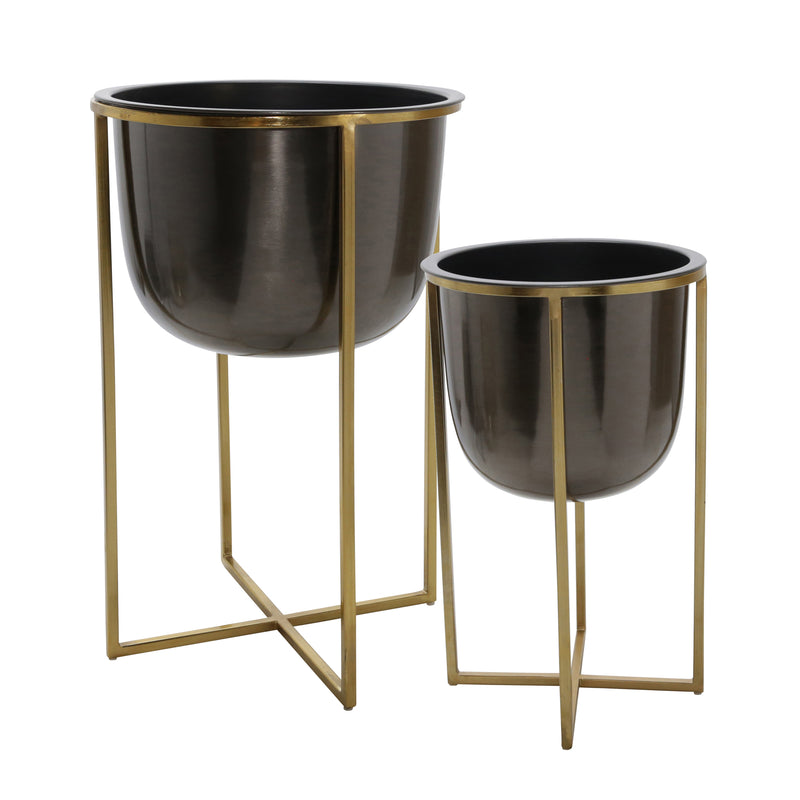 Set of 2 Planters with Stand, Gunmetal/Gold, Planters