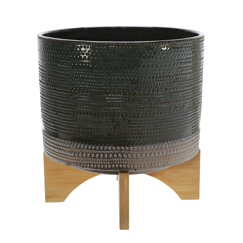 11" Dotted Planter with Wood Stand, Green