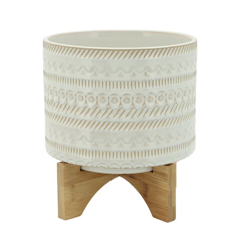 8" Tribal Planter with Wood Stand, Beige, Planters