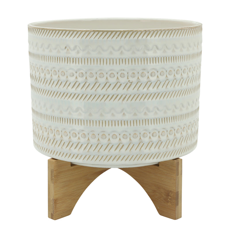 11" Tribal Planter with Wood Stand, Beige, Planters