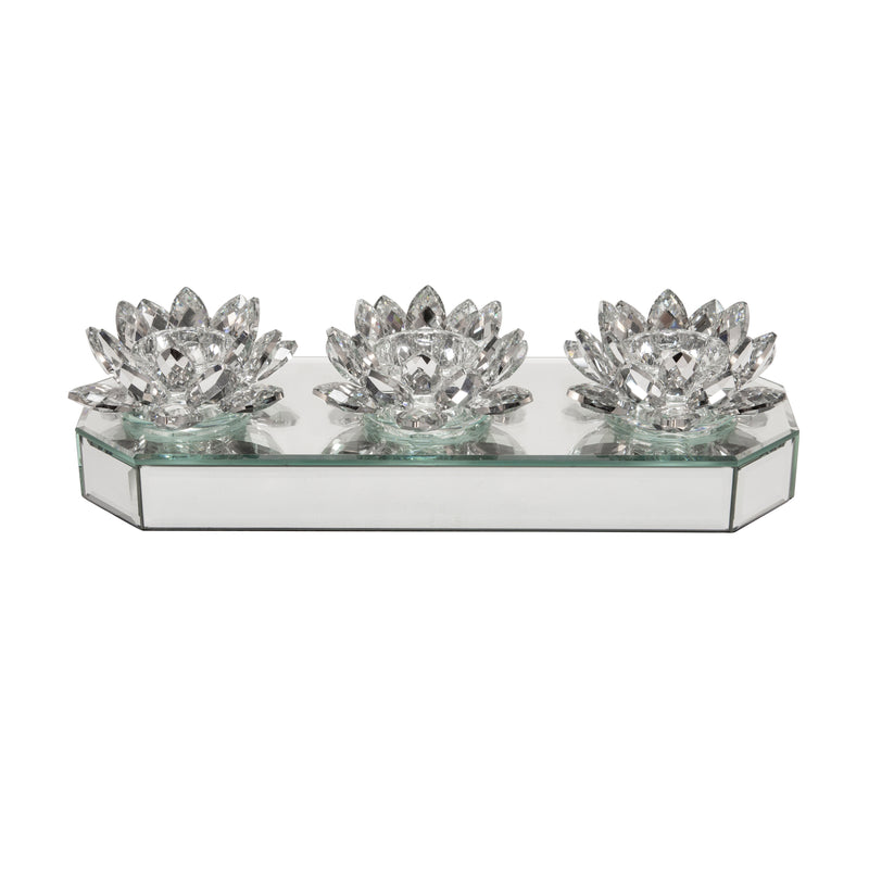 13" 3-Lotus Mirrored Candle Holder, Silver