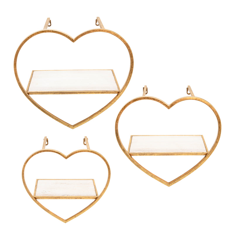 Set of 3 Heart Wall Shelves, Gold, Wall Storage