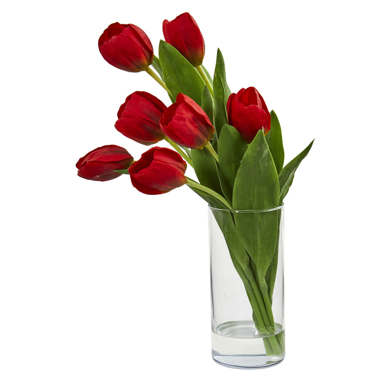 Red Tulip Artificial Arrangement in Cylinder Vase