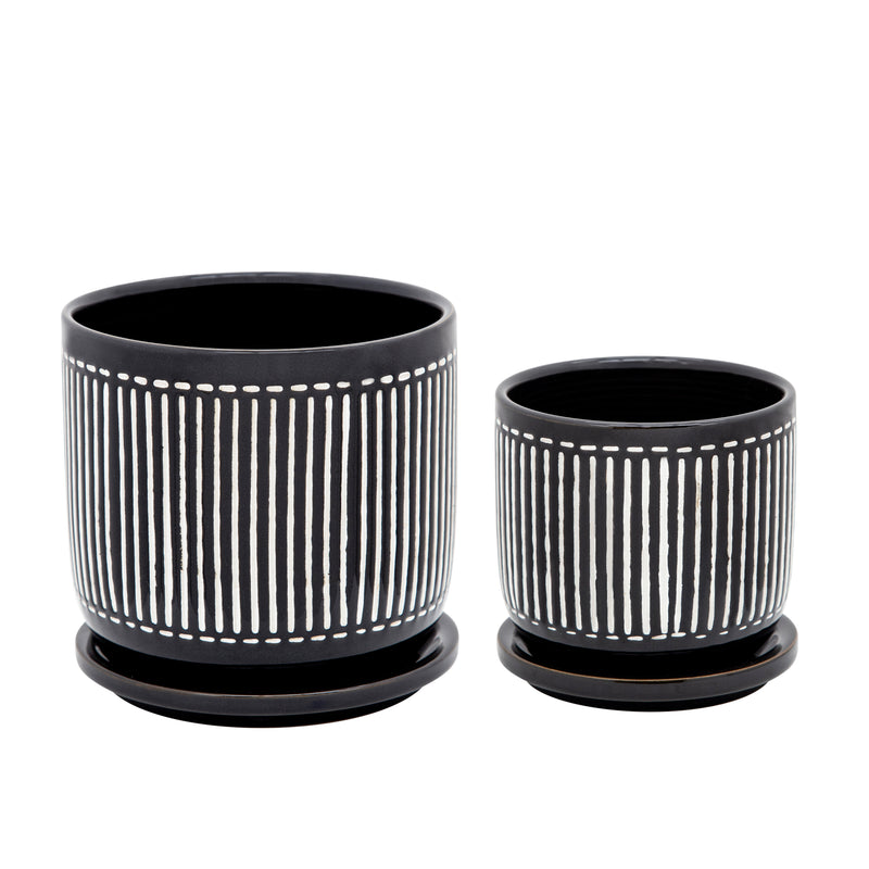 5" Vertical Lines Planter with Saucer, Black