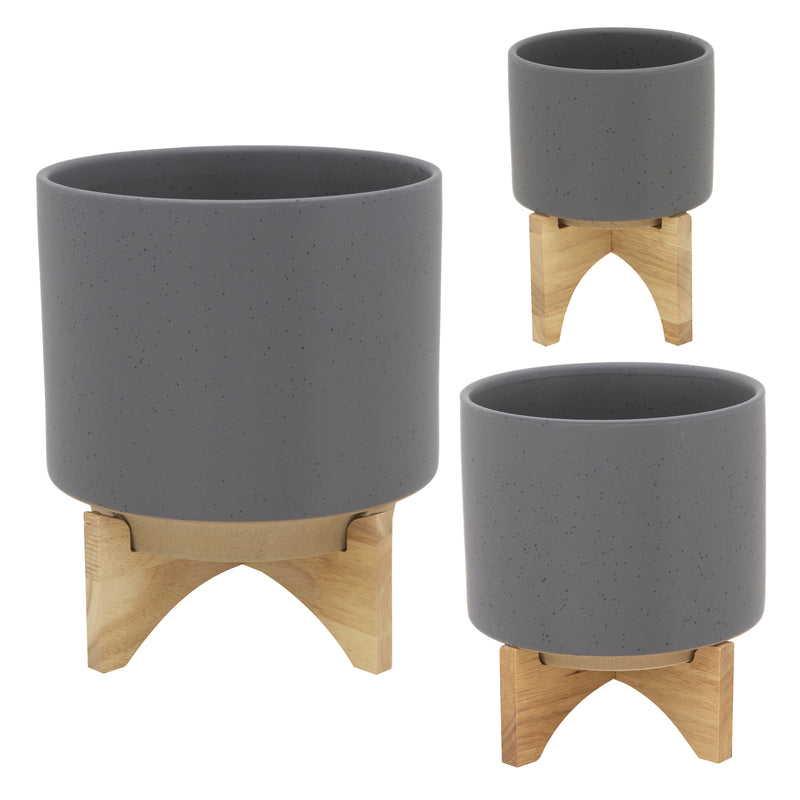 5" Planter with Wood Stand, Matte Gray