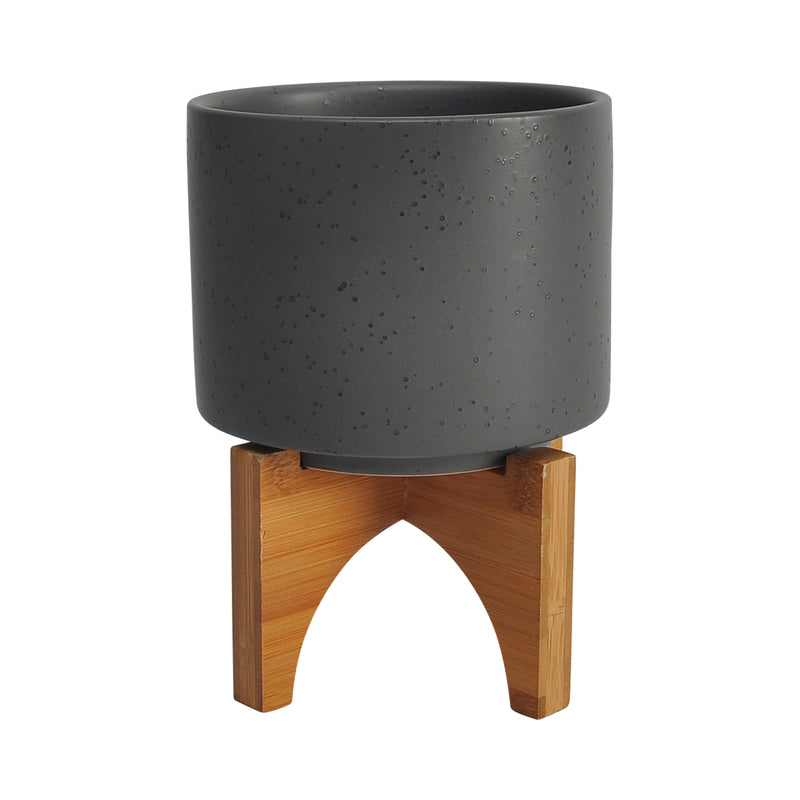 5" Planter with Wood Stand, Matte Gray, Planters