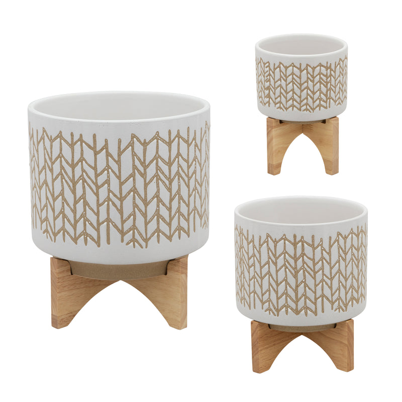8" Chevron Planter with Wood Stand, Beige