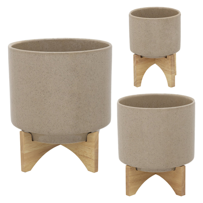 8" Planter with Wood Stand, Beige