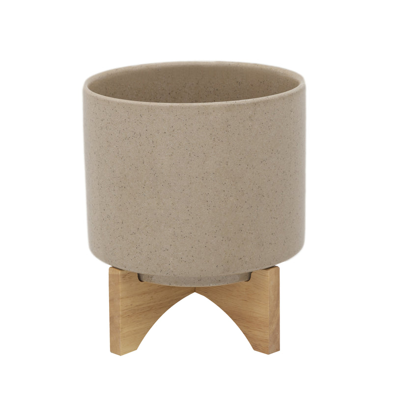 8" Planter with Wood Stand, Beige, Planters