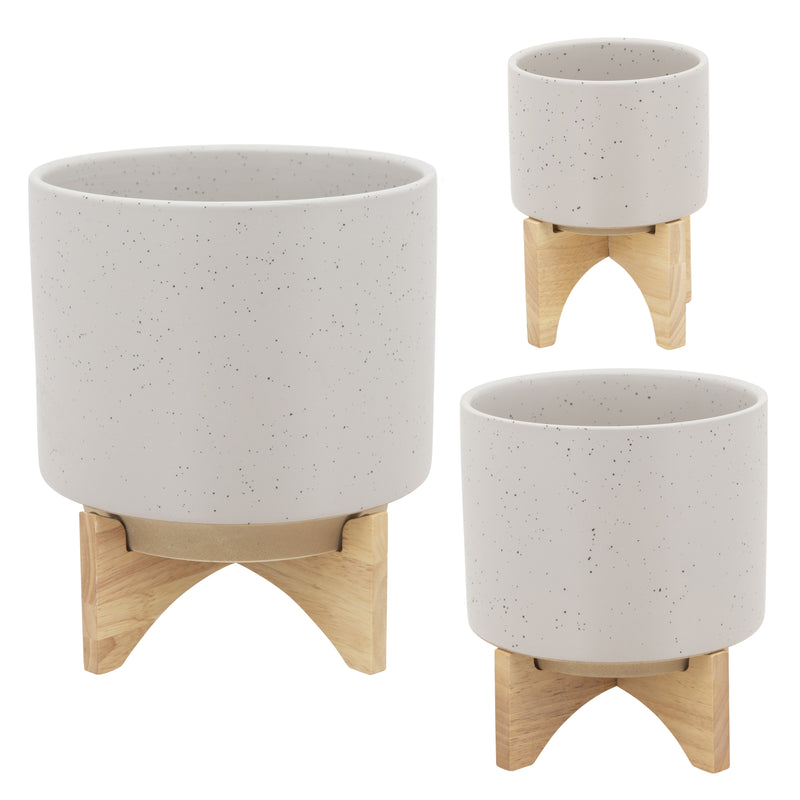 5" Planter with Wood Stand, Matte Beige