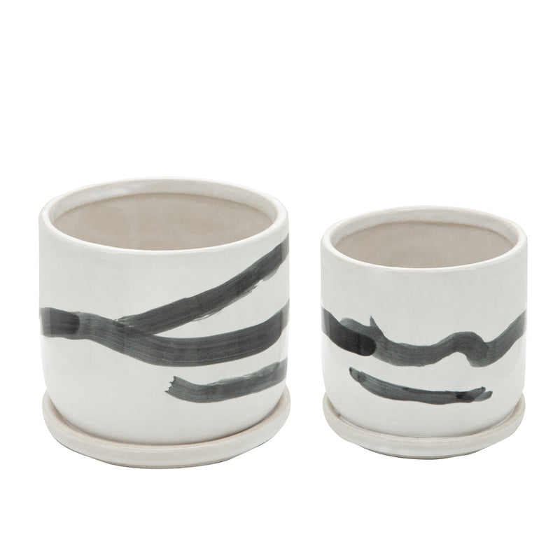Set of 2 Painted Planters with Saucer, White, Planters