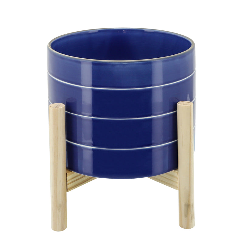 8" Striped Planter with Wood Stand, Navy, Planters