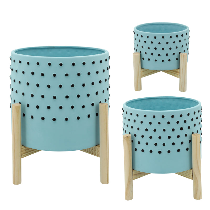 10" Dotted Planter with Wood Stand, Blue