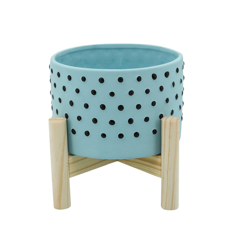 6" Dotted Planter with Wood Stand, Blue, Planters