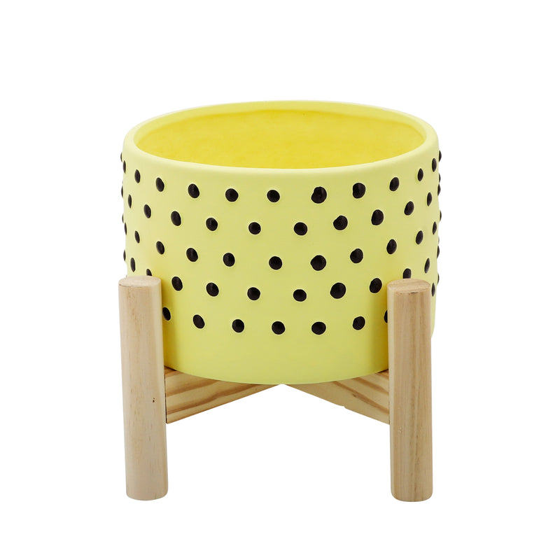 6" Dotted Planter with Wood Stand, Yellow, Planters