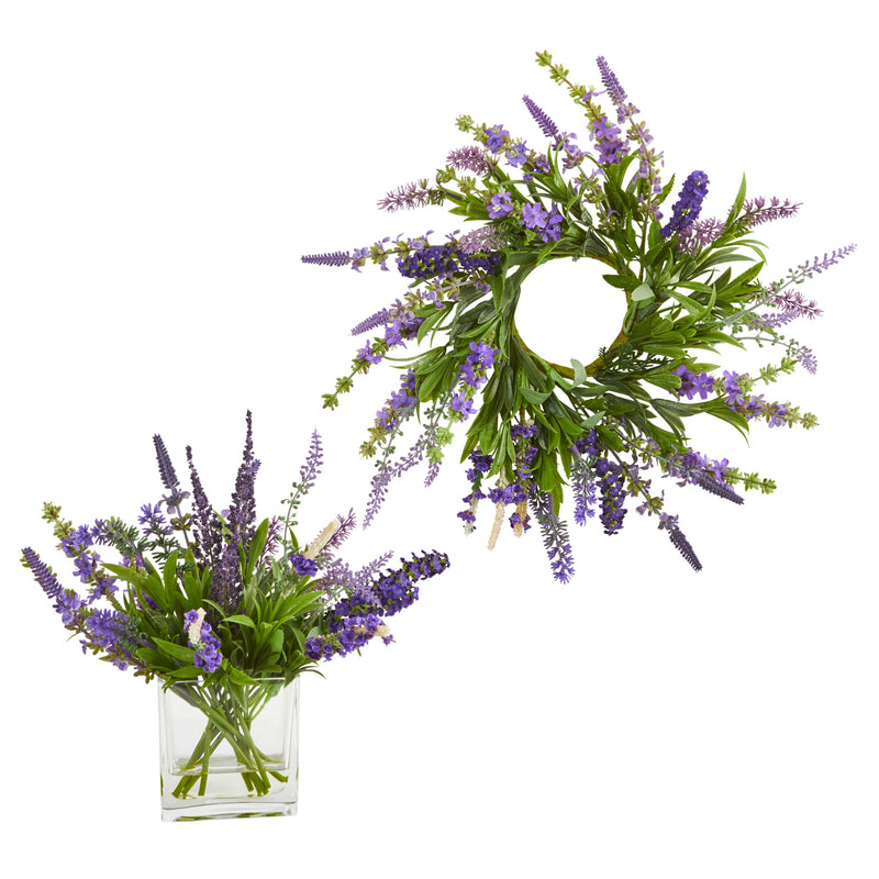 12" Lavender Arrangement and 14 Lavender Wreath (Set of 2) 