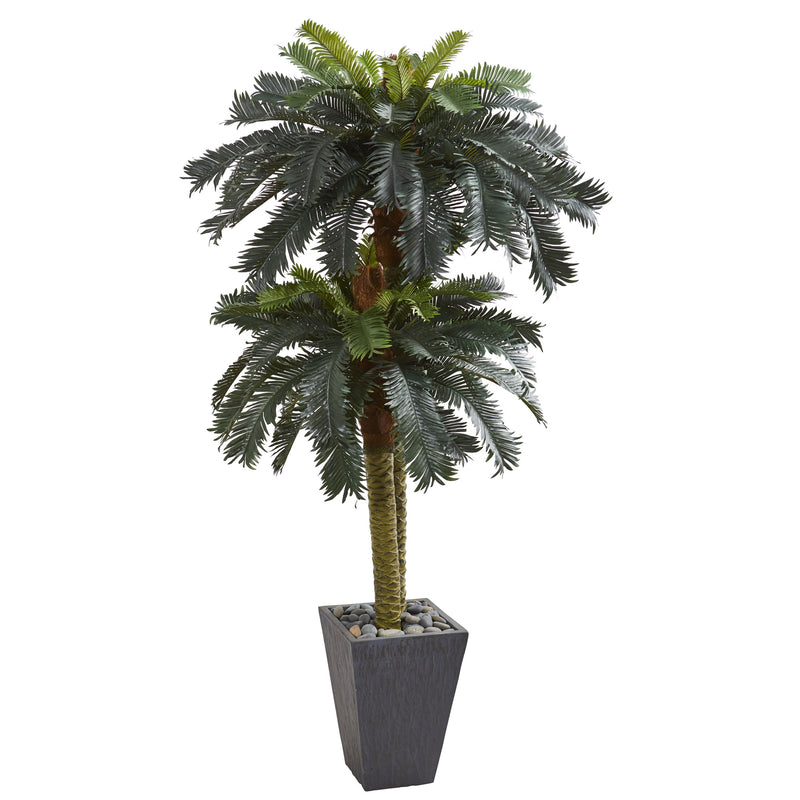 6' Double Sago Palm Artificial Tree Slate Finished Planter