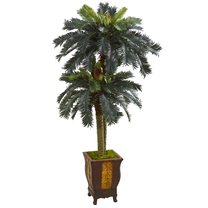 6' Double Sago Palm Artificial Tree in Designer Planter