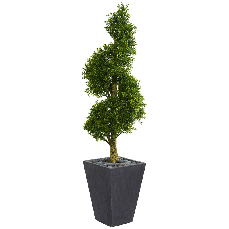 5" Boxwood Spiral Topiary Artificial Tree in Slate Planter UV Resistant (Indoor/Outdoor)