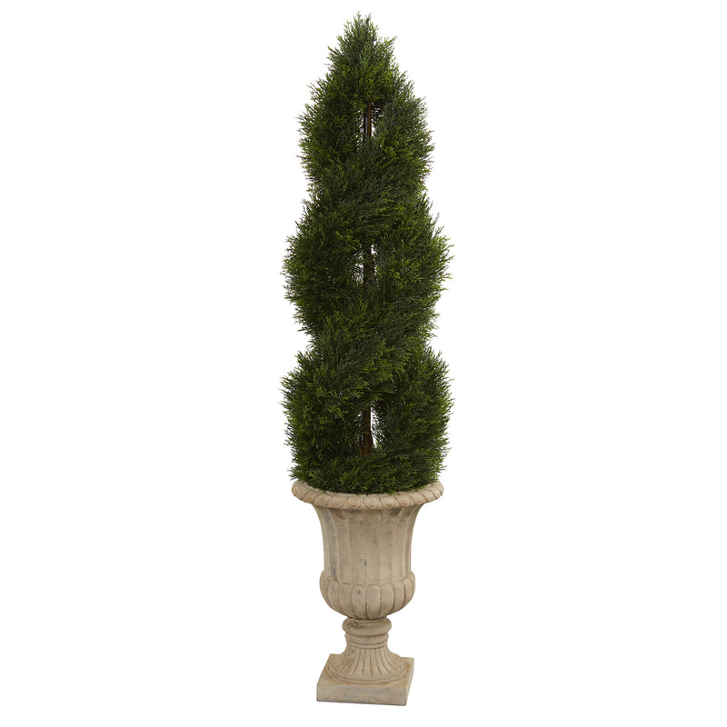 5" Double Pond Cypress Artificial Spiral Topiary Tree in Urn UV Resistant (Indoor/Outdoor)