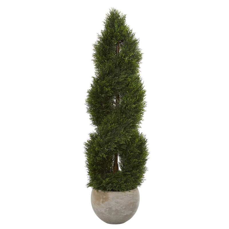 4" Double Pond Cypress Spiral Artificial Tree in Sand Colored Planter UV Resistant (Indoor/Outdoor)