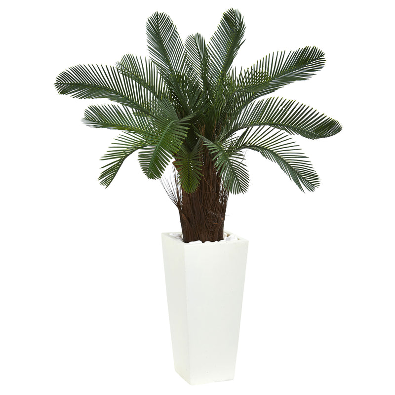 40" Cycas Artificial Tree in White Tower Planter UV Resistant (Indoor/Outdoor)
